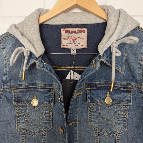 BNWT True Religion UNISEX Adult (Large) Relaxed Denim Trucker Hooded Jean Jacket - Picture 3 of 14